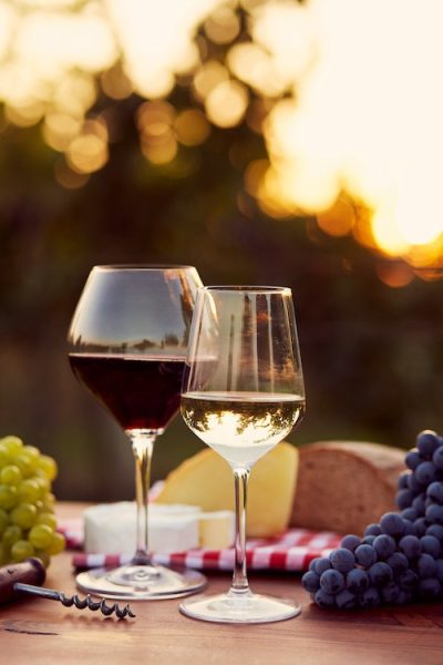 Two glasses of white and red wine with food at sunset, toned